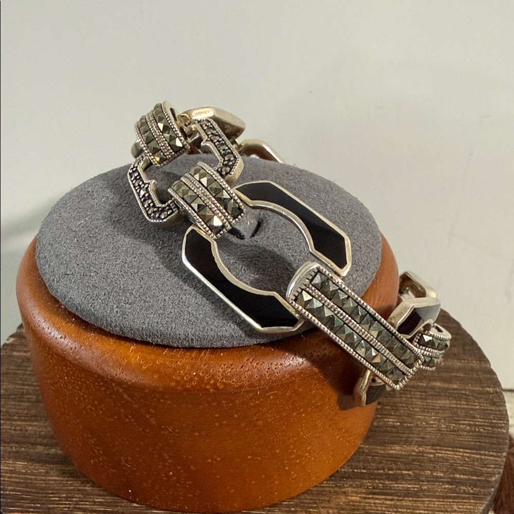 Geometric 925, Silver Marcasite and Black Link Bracelet